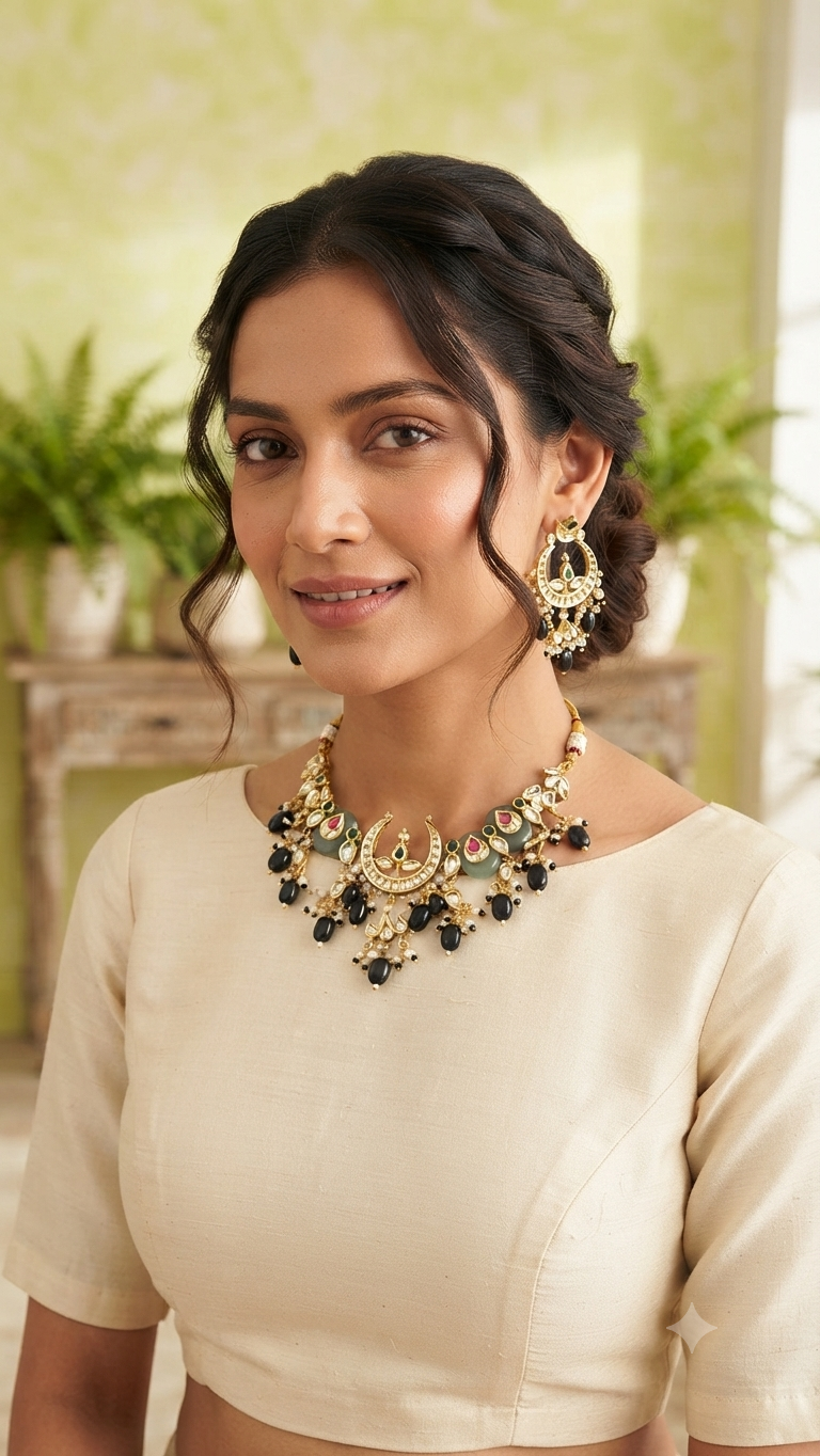 Forest Greem Faux Kundan-Studded Faux Pearl Beaded Meenakari Gold-Toned Necklace Set