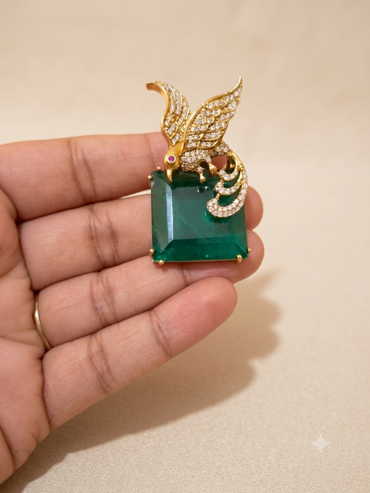 Panchi Emerald Gemstone CZ Studded Unisex Brooch