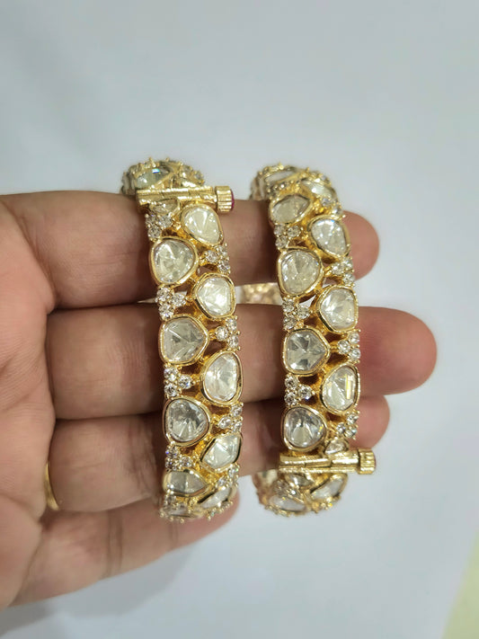 Real Moissanite Polki Screw Openable Bangles - Pair of 2