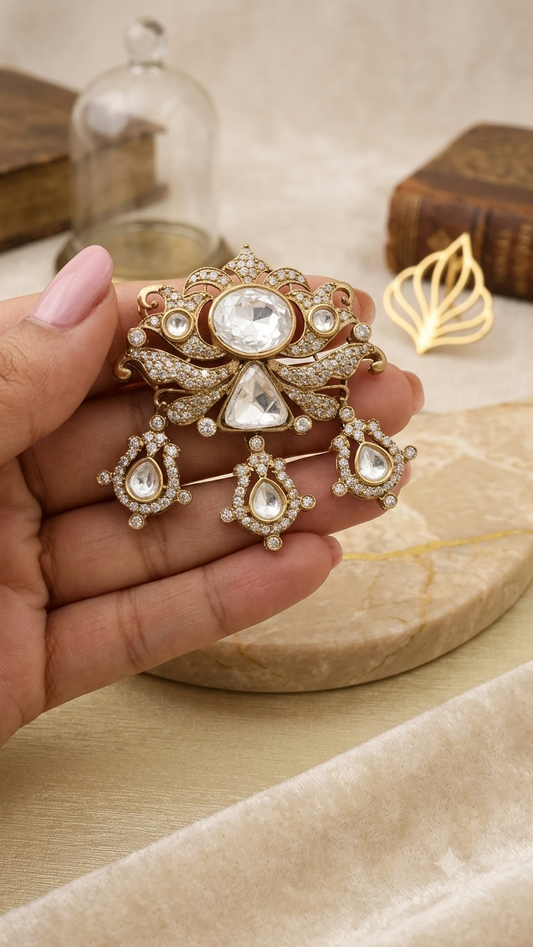 Statement Moissanite Polki Antique Gold Unisex Brooch