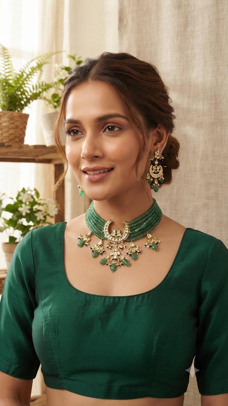 Green Faux Kundan-Studded Faux Pearl Beaded Meenakari Gold-Toned Jewellery Set
