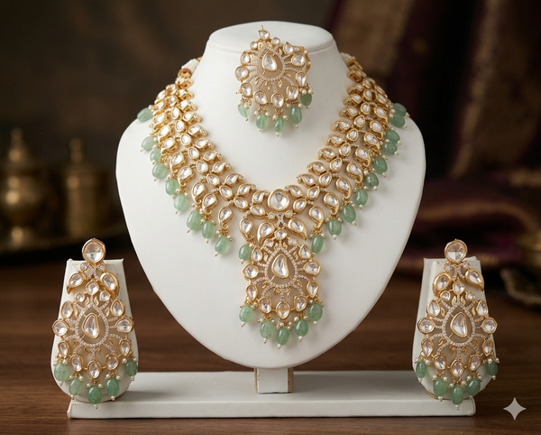 Polki Moissanite Mint Statement Necklace Set