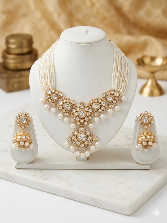 Polki Moissanite Pearl Statement Necklace Set
