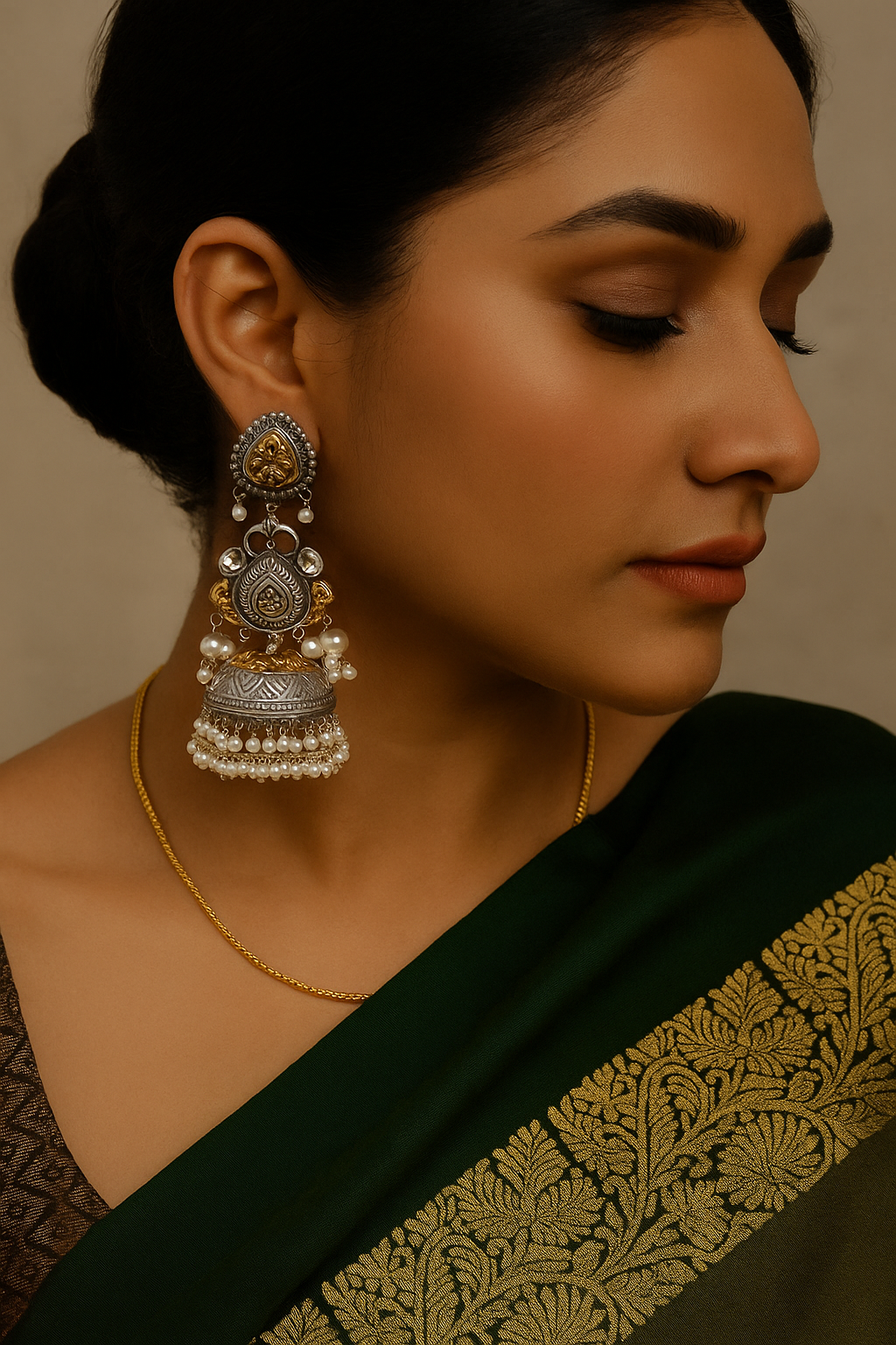 Dual tone white Zircon German silver Jhumka