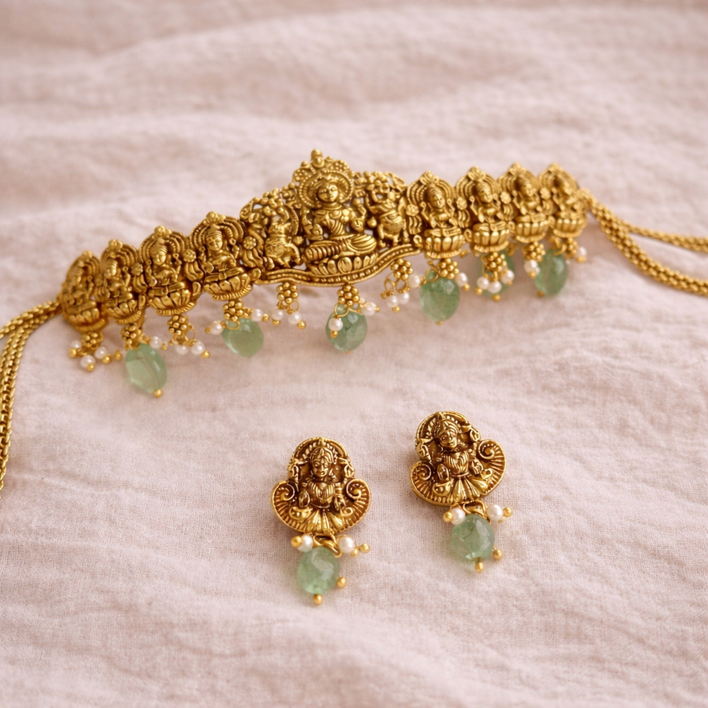Goddess Idol Mint Temple Choker Necklace Set