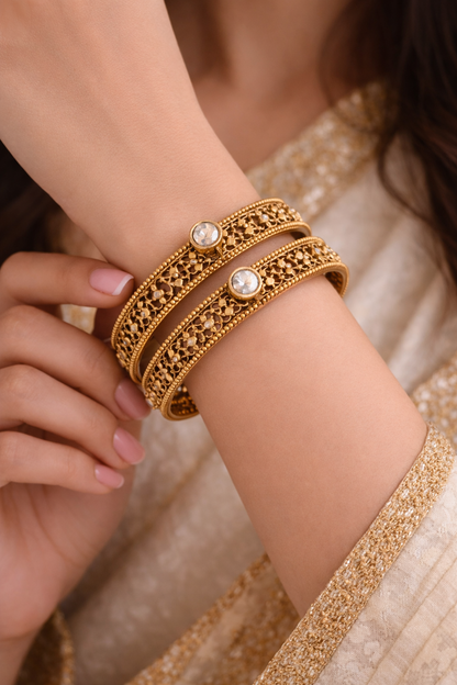 Signature Kundan Antique Bangles- Pair of 2