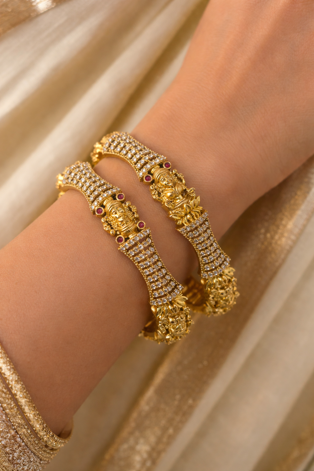 Signature Temple Antique Zirconia Stone Studded Bangle- Pair of 2