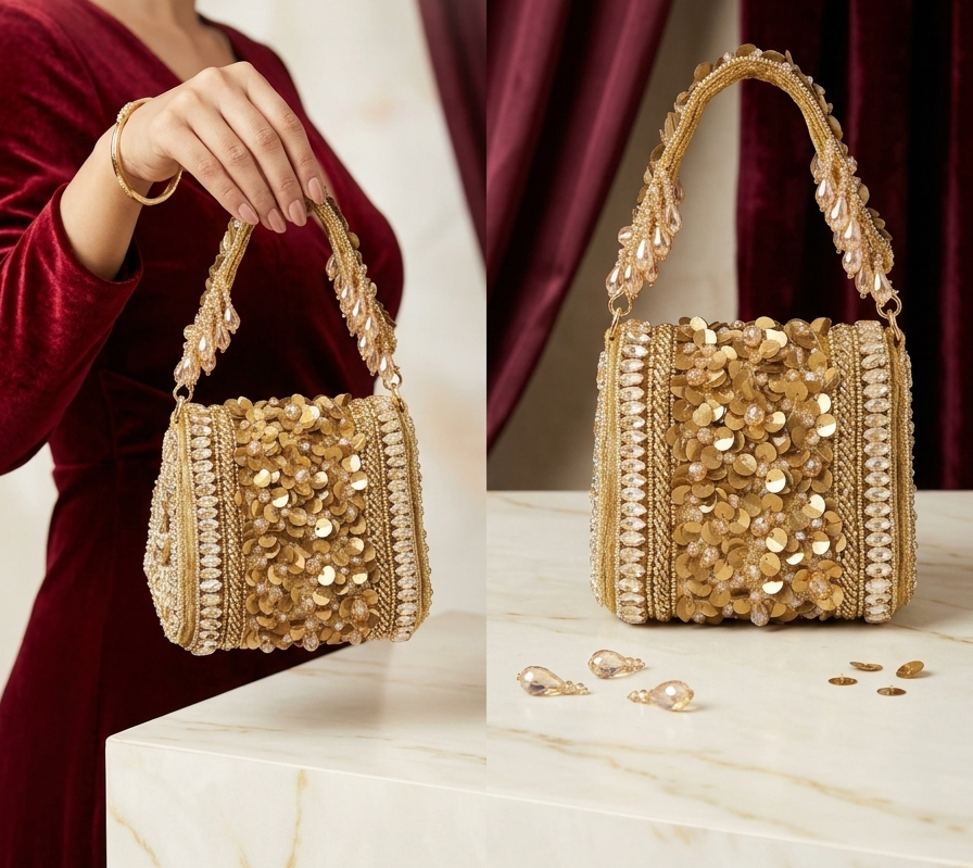 Statement Handcrafted Golden matte Beads work Handbag with sling chain