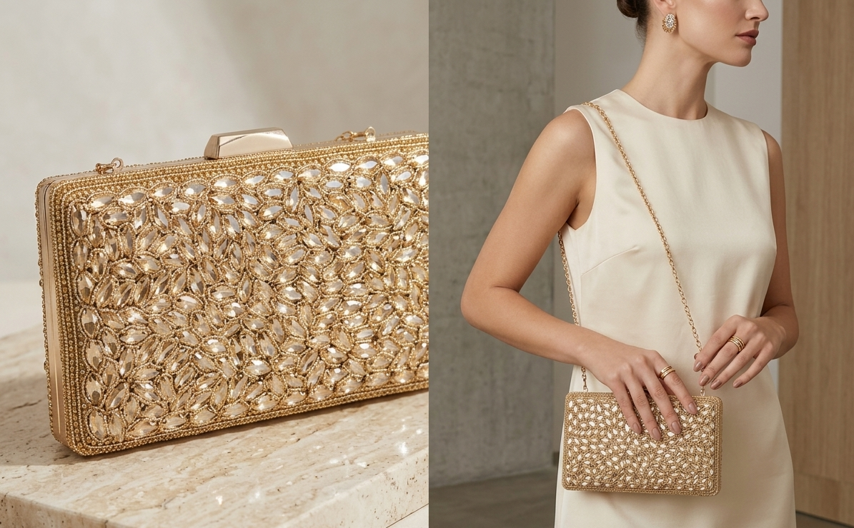 Statement Handcrafted Golden Glasswork Handbag with sling chain