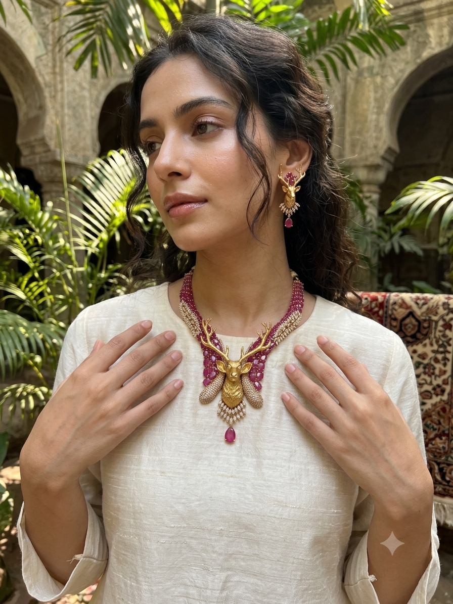 Statement Deer Motif Ruby Studded Necklace Set