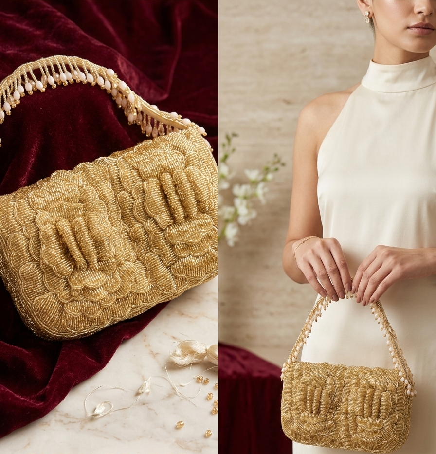 Statement Handcrafted Golden GlowFloral Beaded Handbag with sling chain