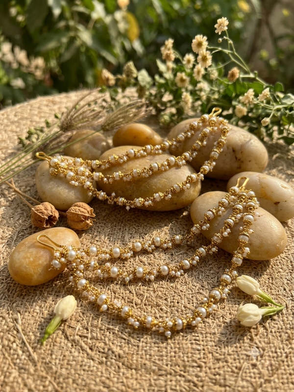 Statement Triple layered Pearl Gold Beads Gold plated Earchain Sahara