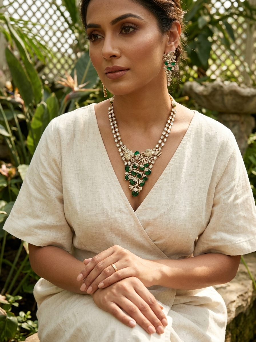 Signature Premium Green Emerald Kundan Necklace Set