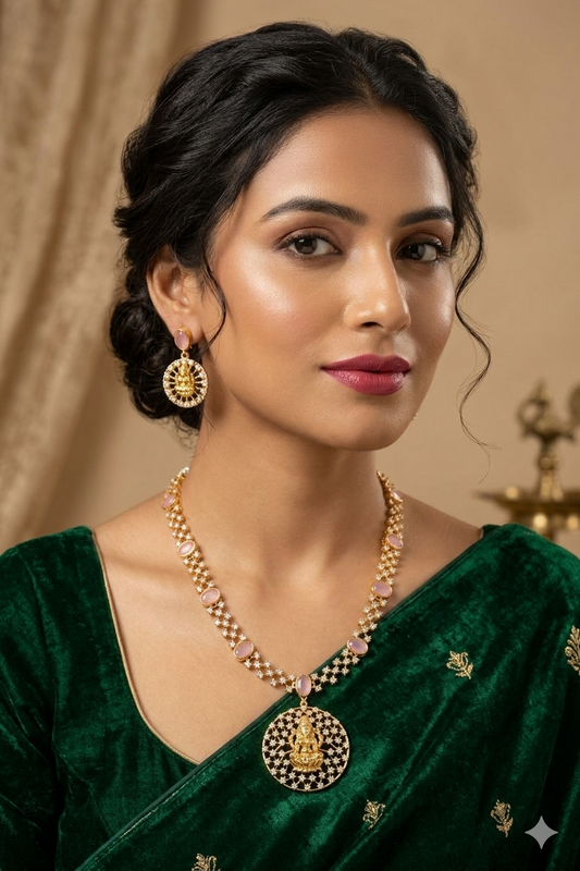 Coral Pink Stones Zircon Temple Necklace Set