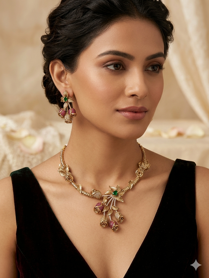 Designer Rose Zircon studded Necklace Set