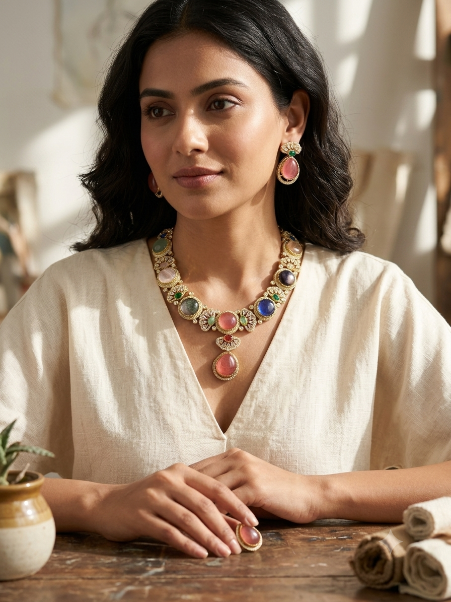 Signature Premium Designer Pota & Austrian Stone Choker Necklace Set
