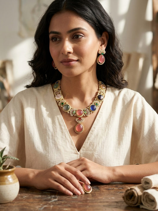 Signature Premium Designer Pota & Austrian Stone Choker Necklace Set