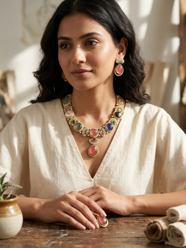 Signature Premium Designer Pota & Austrian Stone Choker Necklace Set