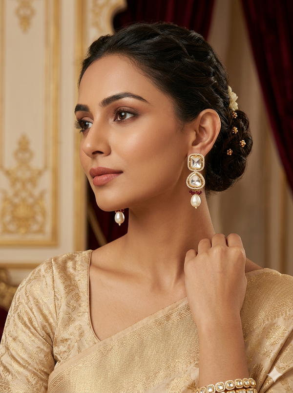 Moissanite Kundan Pearl Drop Earrings