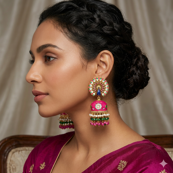Pink Meenakari Peacock Jhumka