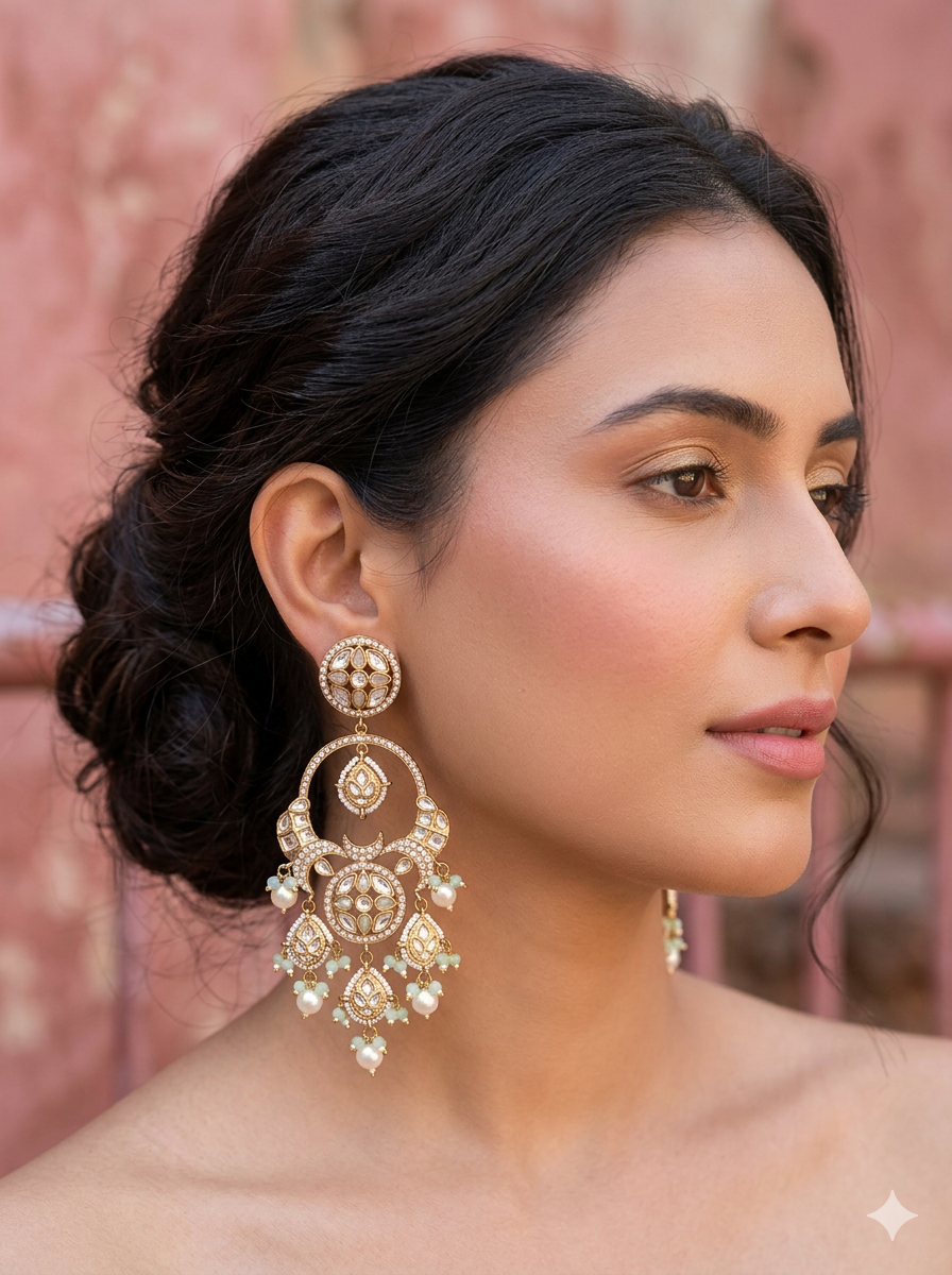 Statement Kundan Mint Beads long Chandbali