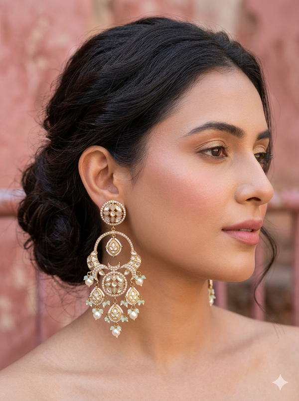 Statement Kundan Mint Beads long Chandbali