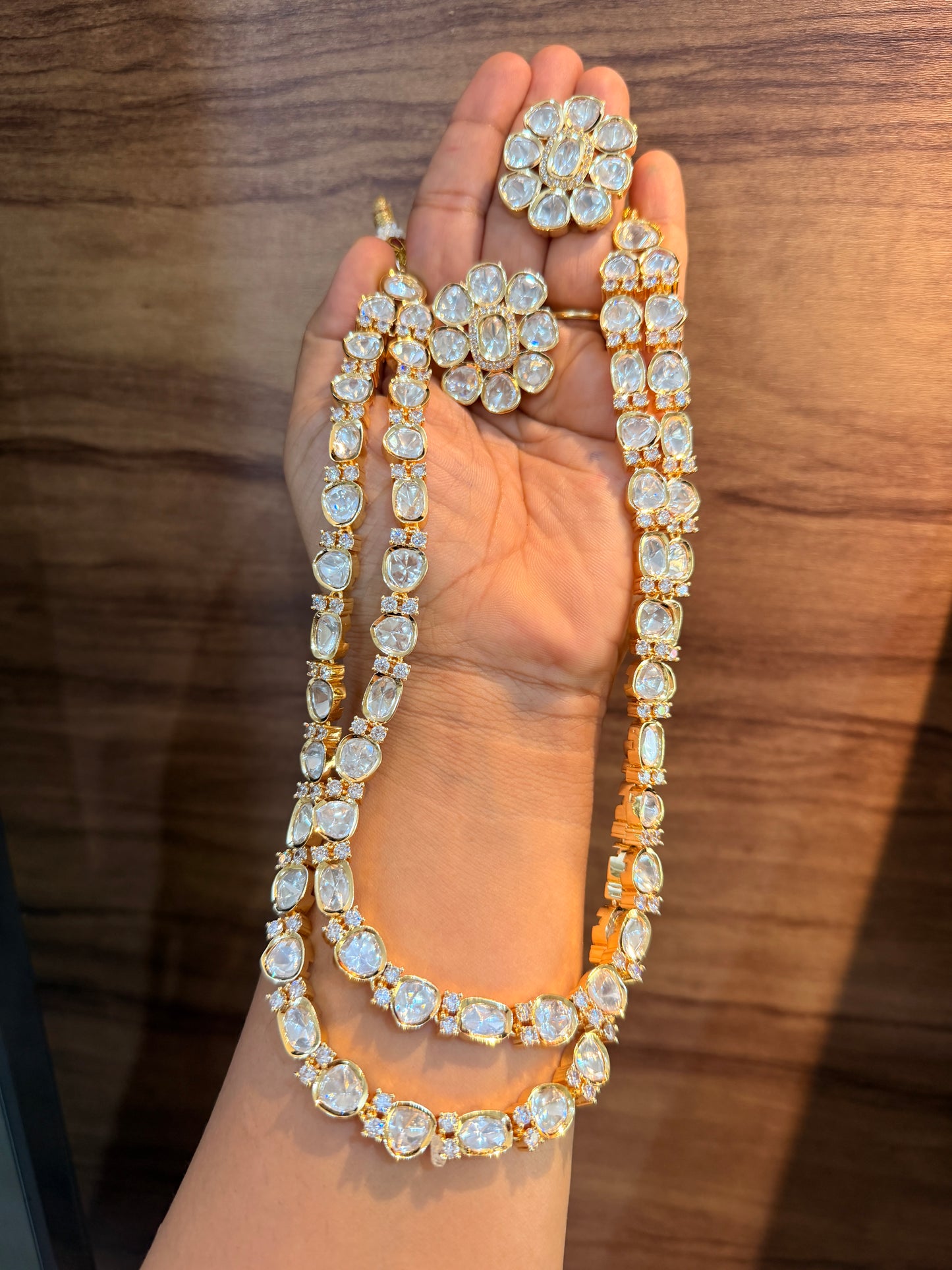 Signature Long Real Moissanite Polki Double Layered Necklace Set