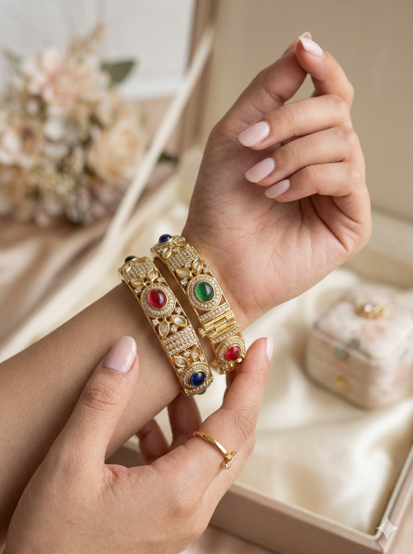 Signature Navratna Moissanite Kundan Screw Openable Bangle