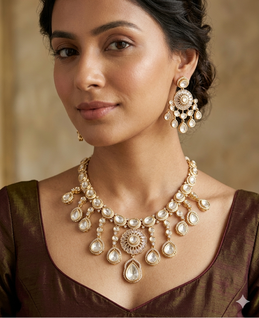 Royal Statement Moissanite Polki Necklace Earrings Set