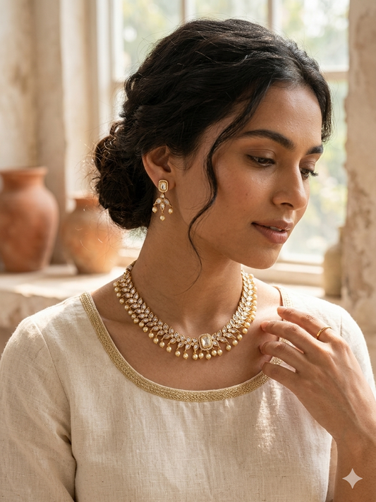 Moissanite Kundan Pearl Necklace Set