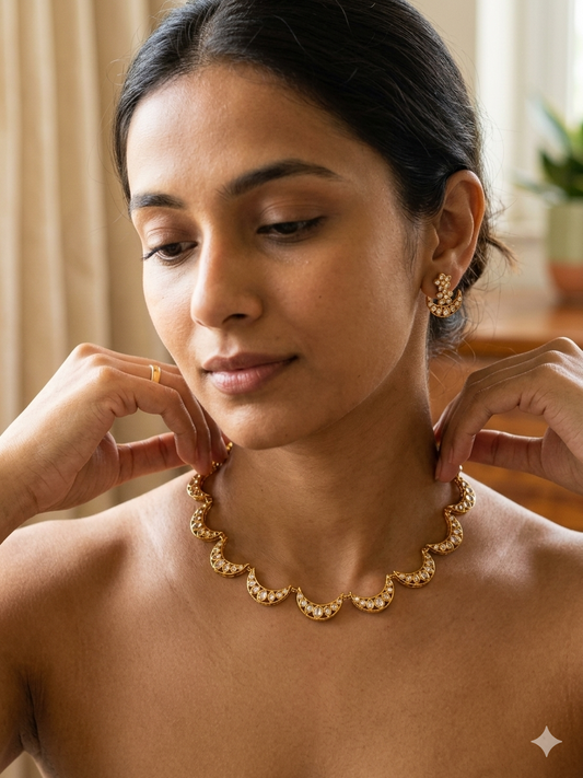 Half Moon Moissanite Kundan Sleek Gold Plated Neckpiece earring Set