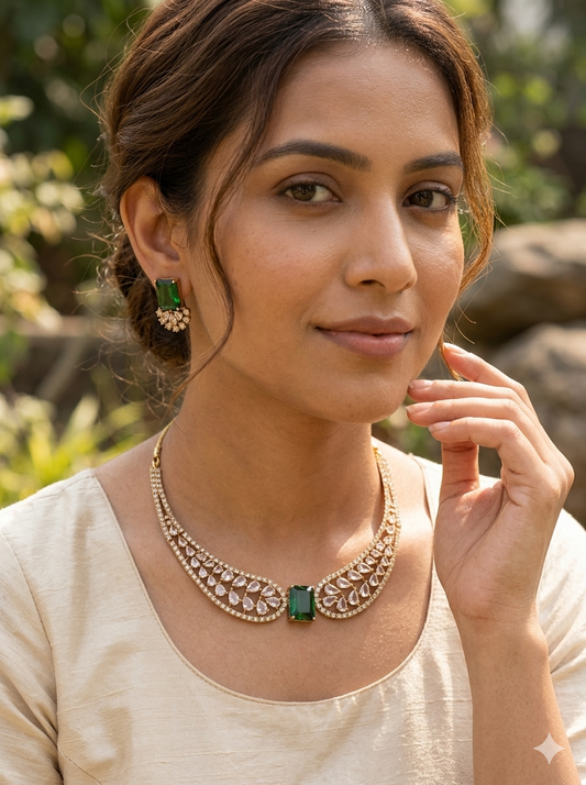 Green Emerald Doublet American Diamond Necklace Set