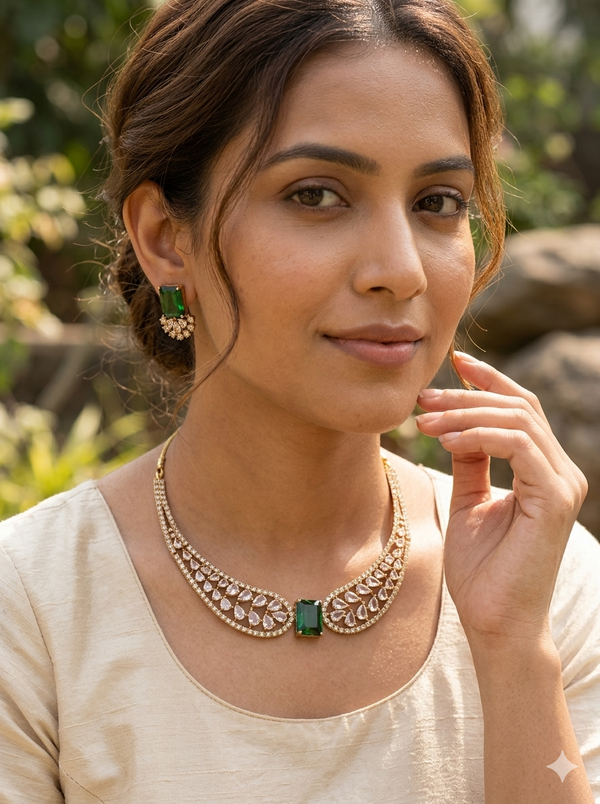 Green Emerald Doublet American Diamond Necklace Set