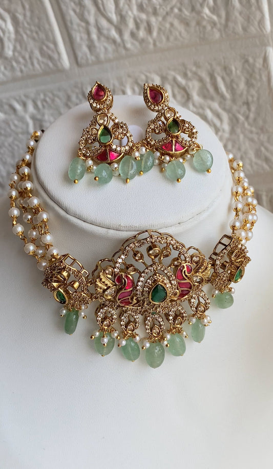 Kundan Jadau Mint Pearl Choker Set