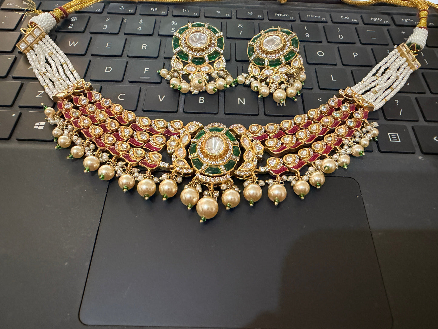 Emerald Ruby Real Moissanite Polki Pearl Victorian Necklace set