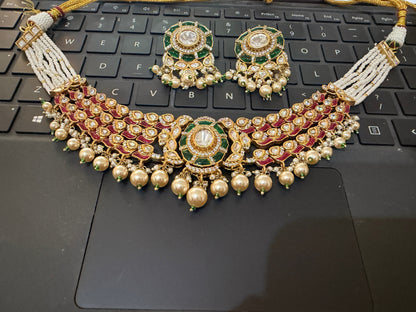 Emerald Ruby Real Moissanite Polki Pearl  Necklace set