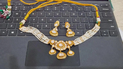 Signature Moissanite Polki Pearl Gold Craved Necklace Set
