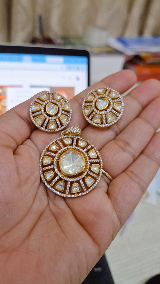 Chakra Moissanite Polki Pendant Stud Earrings Set