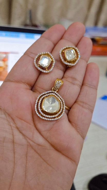 Mohra Moissanite Polki Pendant Stud Earrings Set
