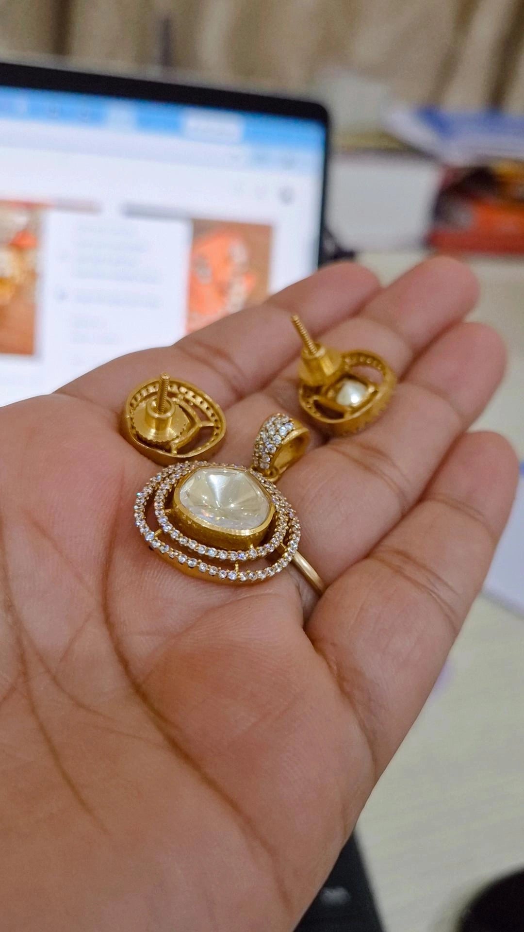 Mohra Moissanite Polki Pendant Stud Earrings Set