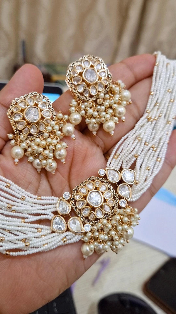 Statement Moissanite Polki Pearl Choker Earrings Set