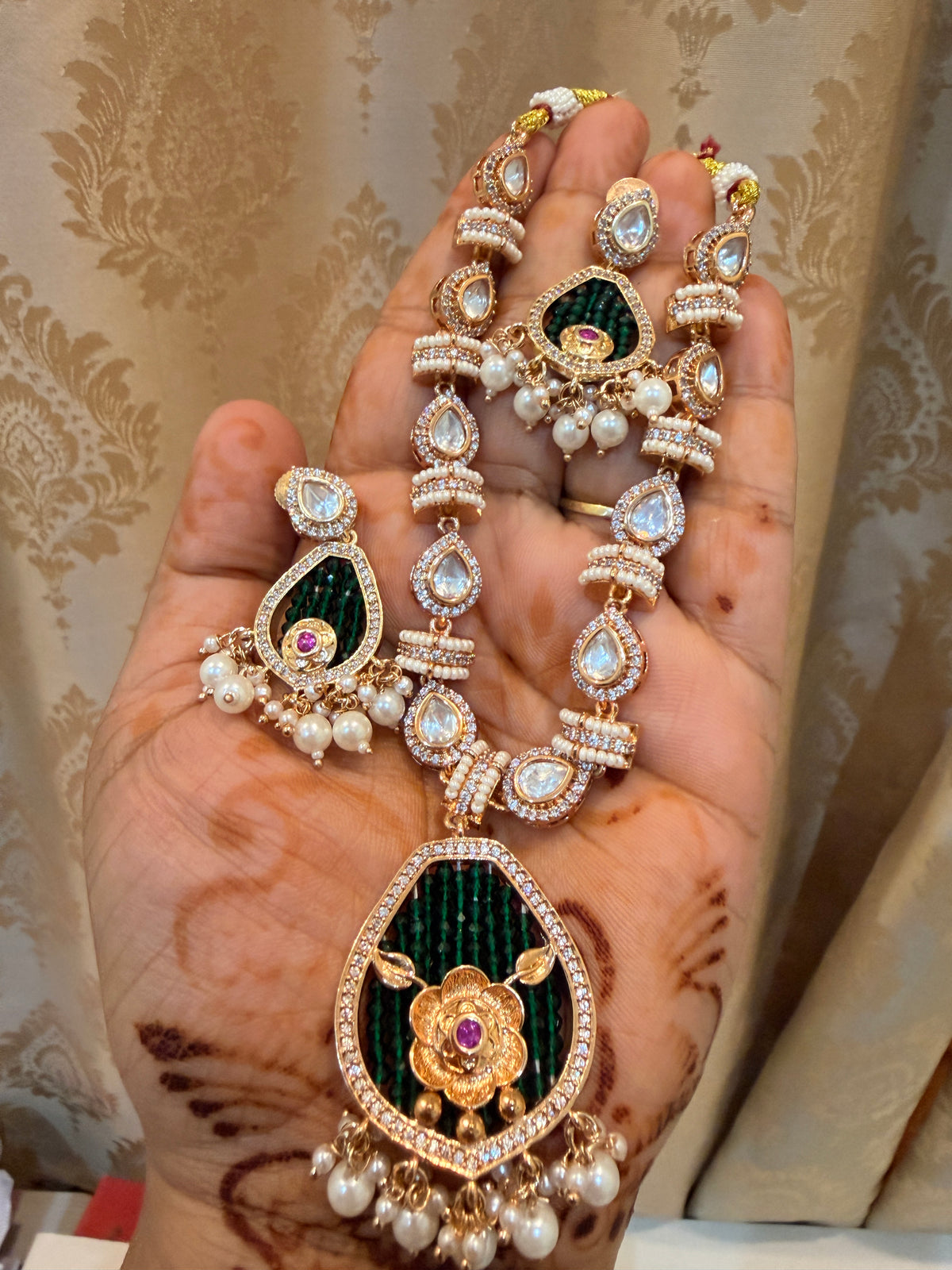 Green Beaded Moissanite Necklace Set