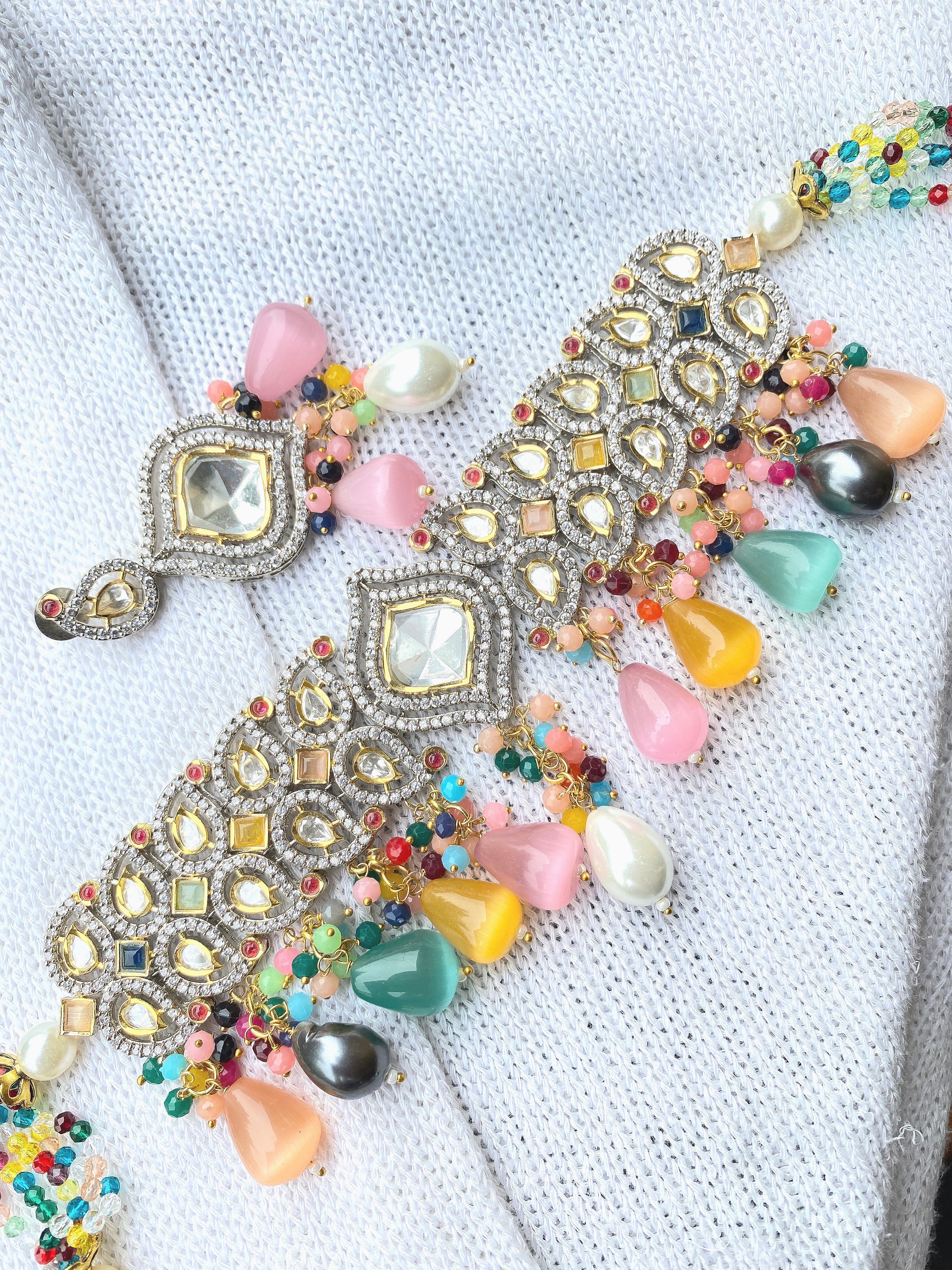 Luxuriously Handcrafted Navratana Kundan Polki Choker Necklace with Earrings
