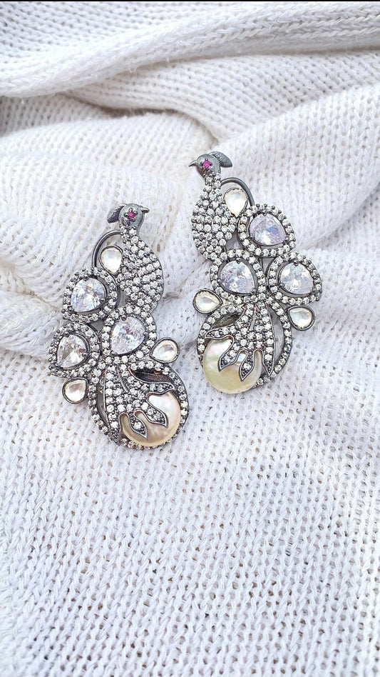 Silver Zirconia Studded Natural Pearl Earrings