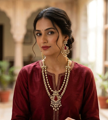 Statement Kundan Double  Layered Maroon Doublet Regal Necklace Set