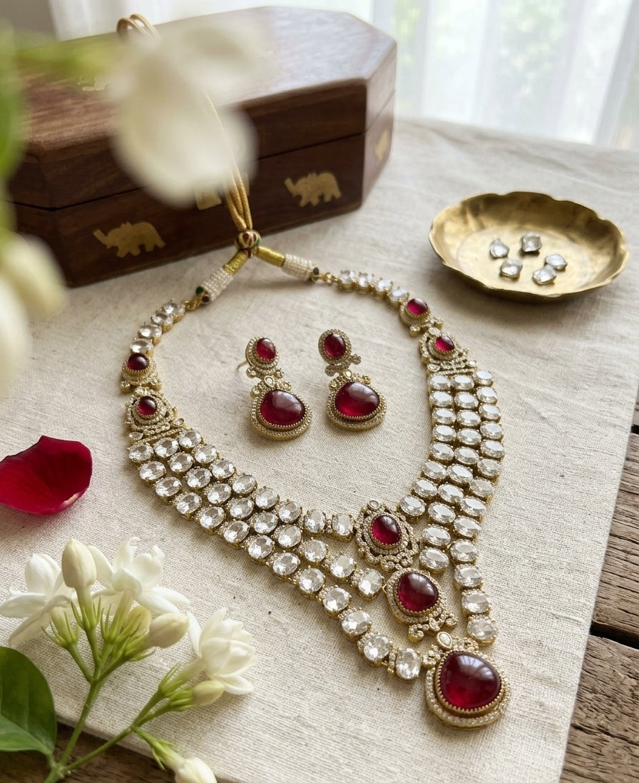 Statement Kundan Triple Layered Maroon Regal Necklace Set