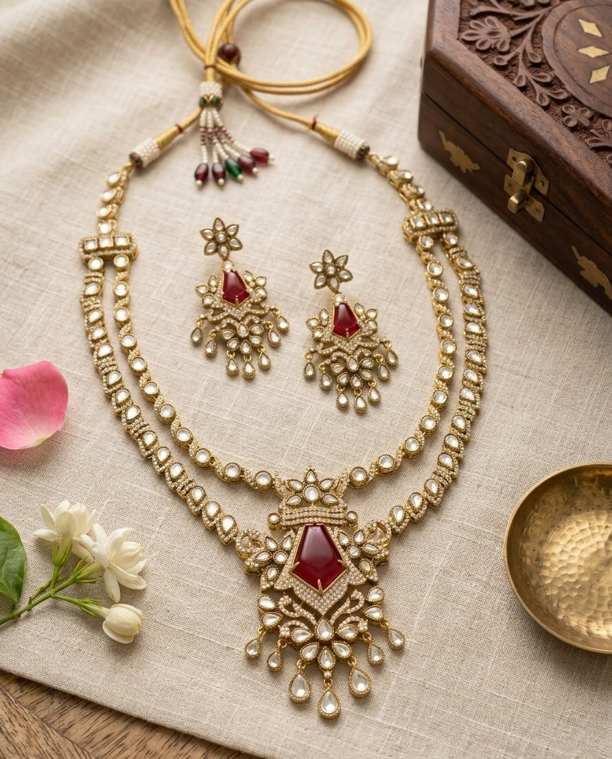 Statement Kundan Double  Layered Maroon Doublet Regal Necklace Set