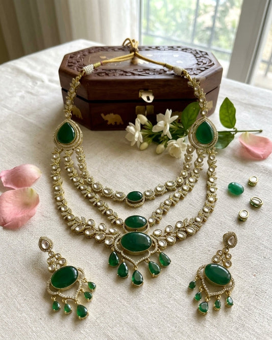 Statement Kundan Triple Layered Emerald Regal Necklace Set