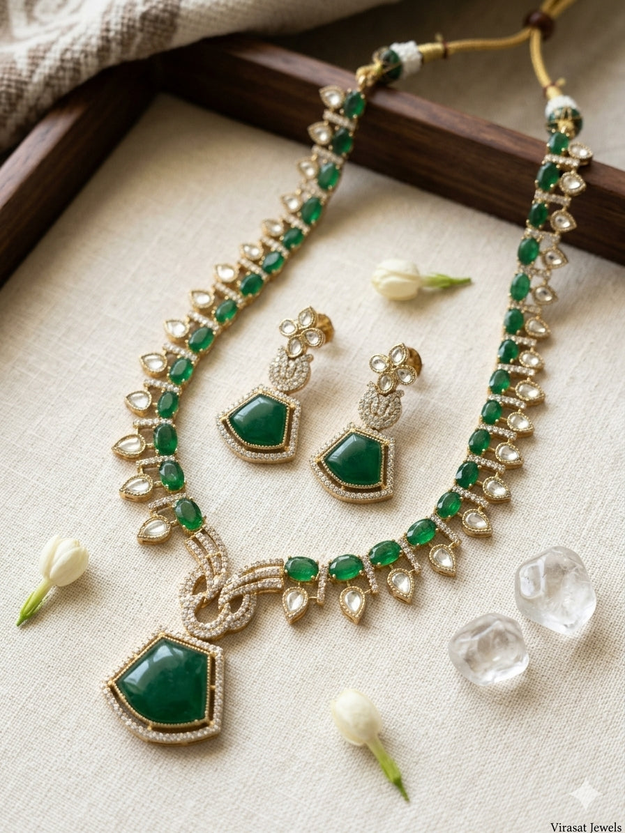 Statement Kundan Emerald Doublet Regal Necklace Set