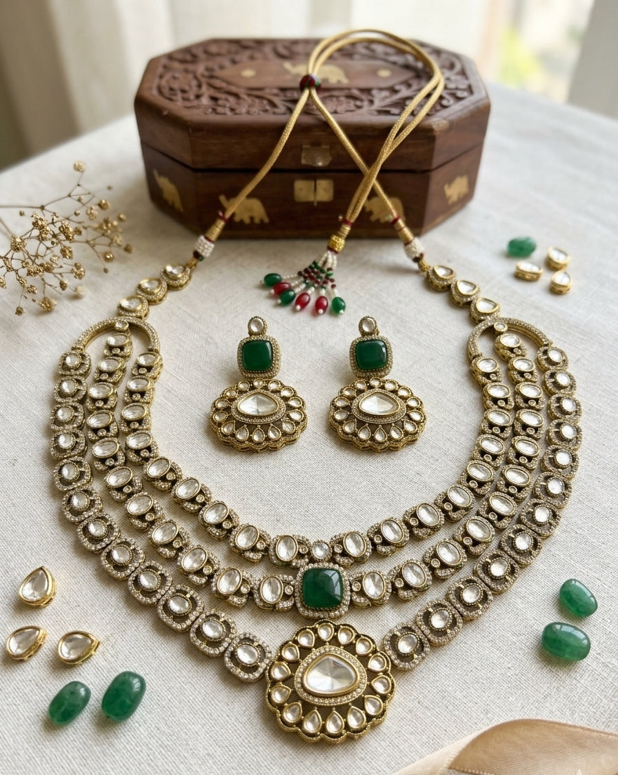 Signature Regal Green Emerald Triple Layered Necklace Set